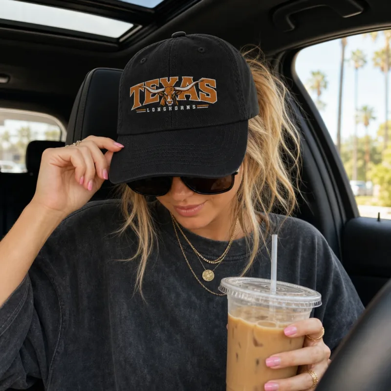 Texas Longhorns Baseball Cap Black 100% Cotton with Direct DTF Graphic Print