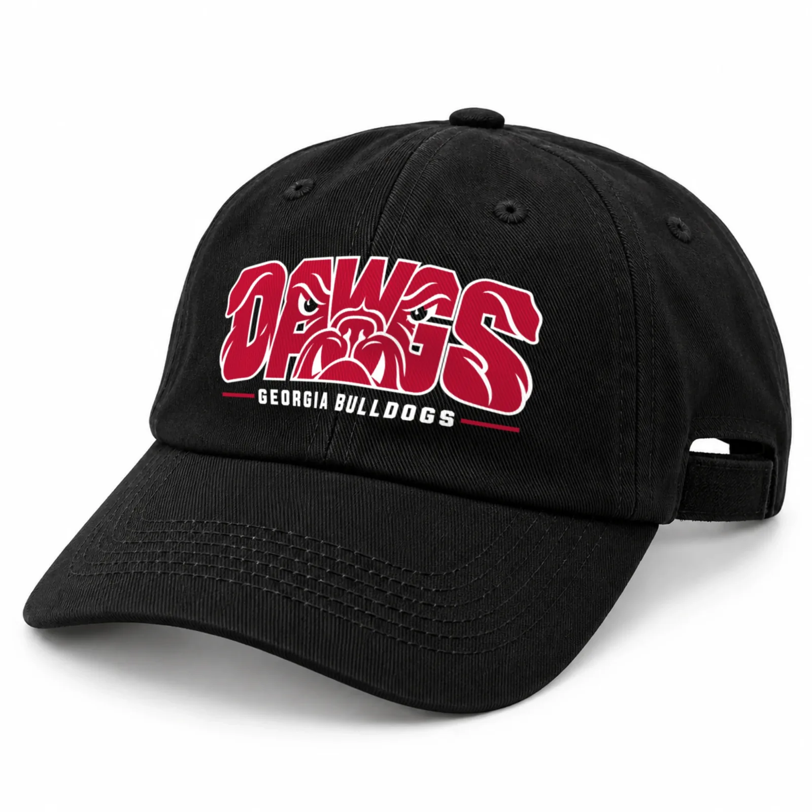 Georgia Bulldogs Dad Hat, Black Washed Cotton Dawgs Print Adjustable Cap