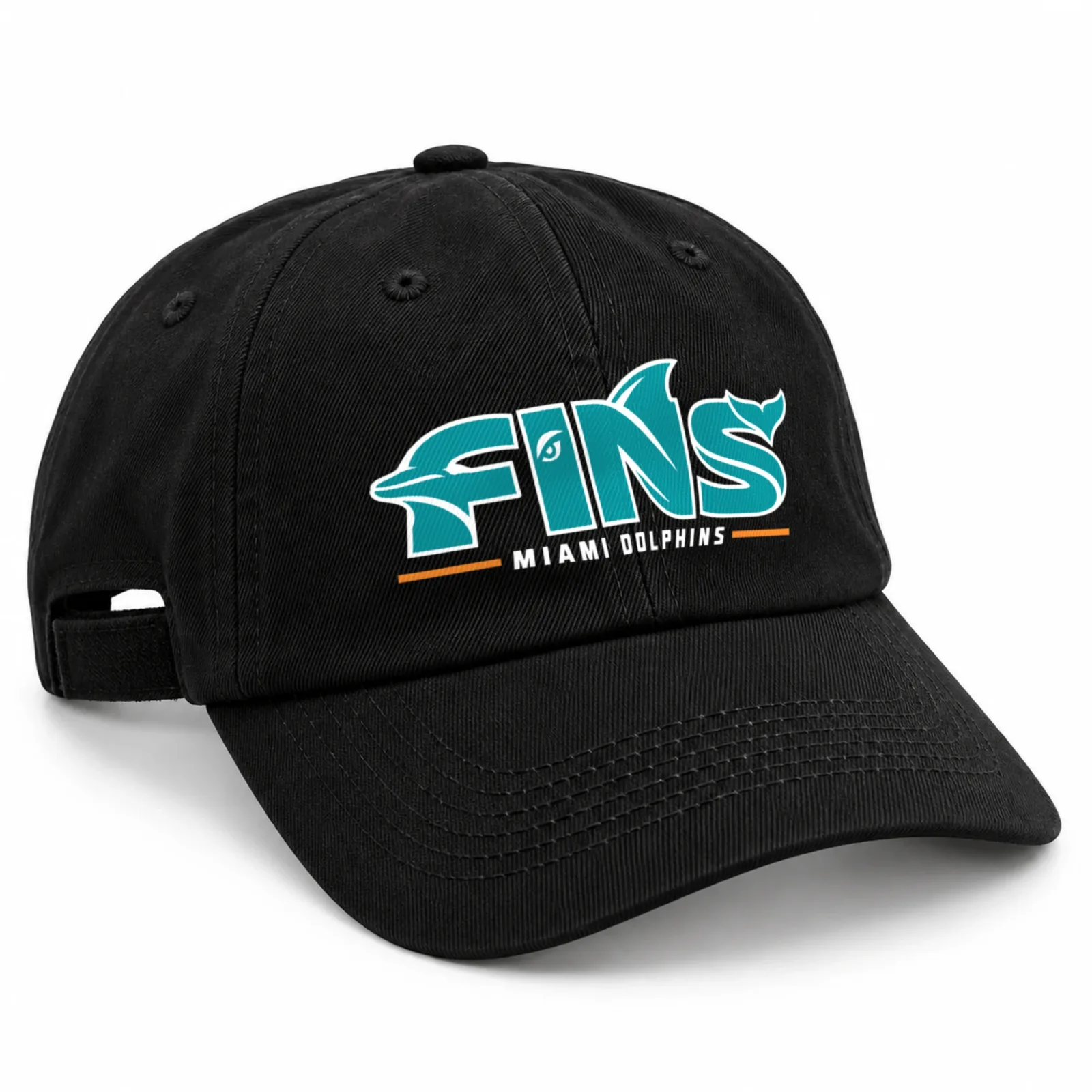 Miami Dolphins Dad Hat, Fins Black Washed Cotton Adjustable Low Profile Cap