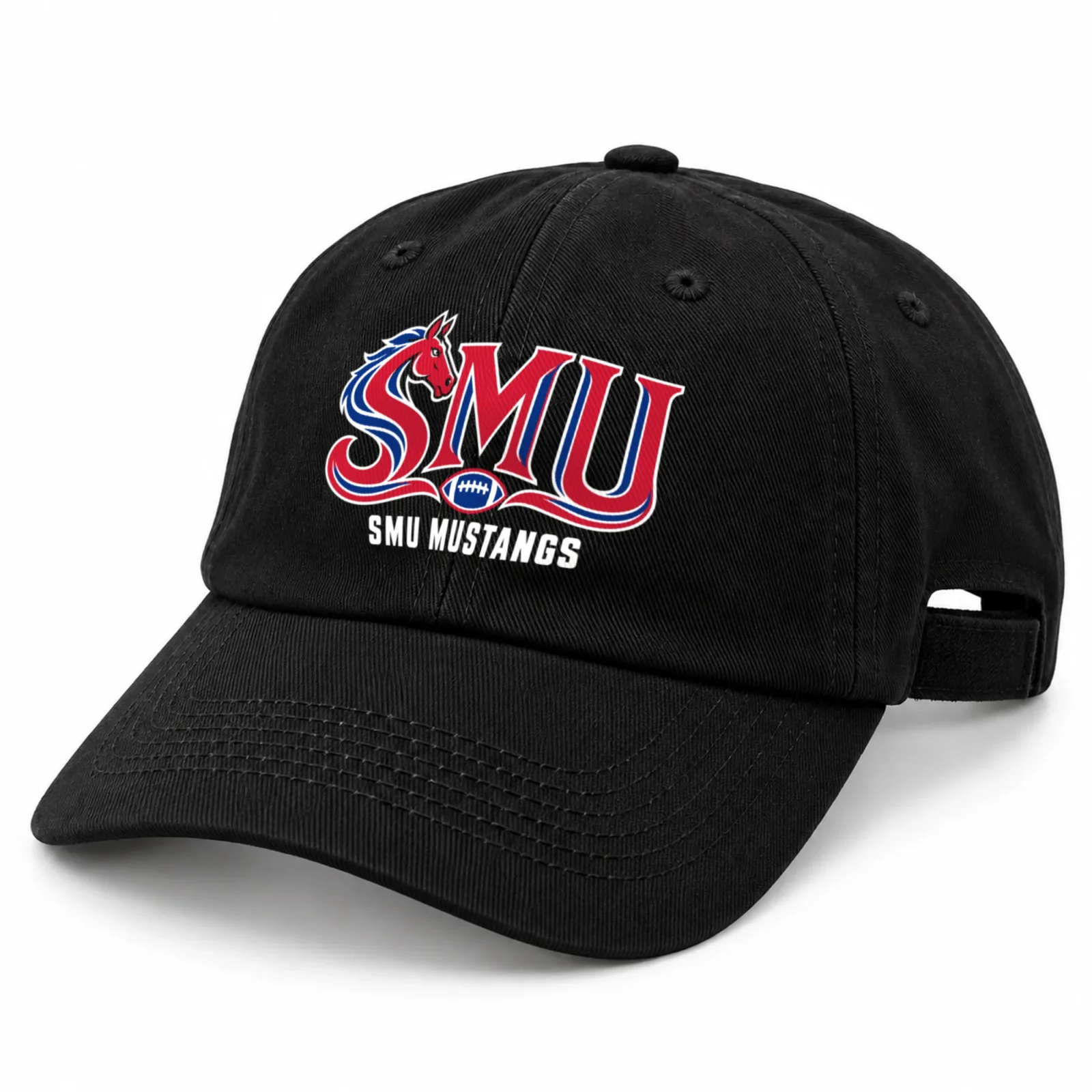 SMU Mustangs Baseball Cap Flat Print Black Adjustable Mustang Football Hat