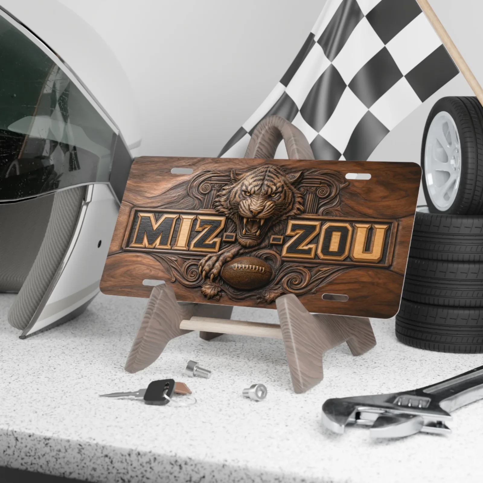 Missouri Tigers Mizzou Faux Wood Carved License Plate Car Tag 12x6 In