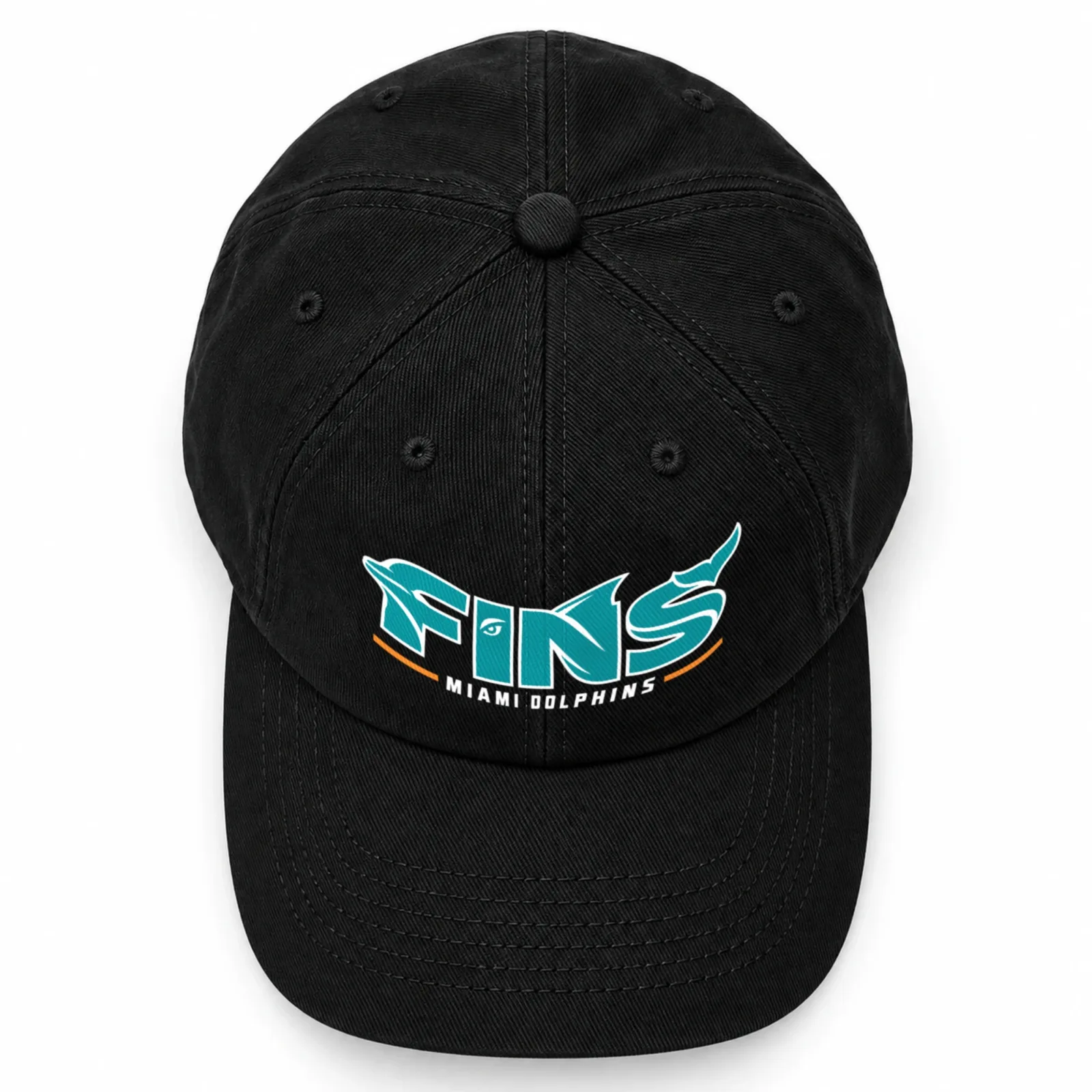 Miami Dolphins Dad Hat, Fins Black Washed Cotton Adjustable Low Profile Cap