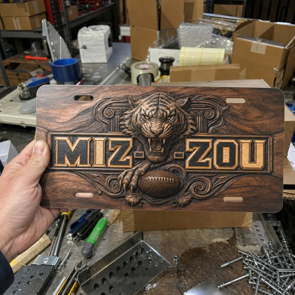 Missouri Tigers Mizzou Faux Wood Carved License Plate Car Tag 12x6 In