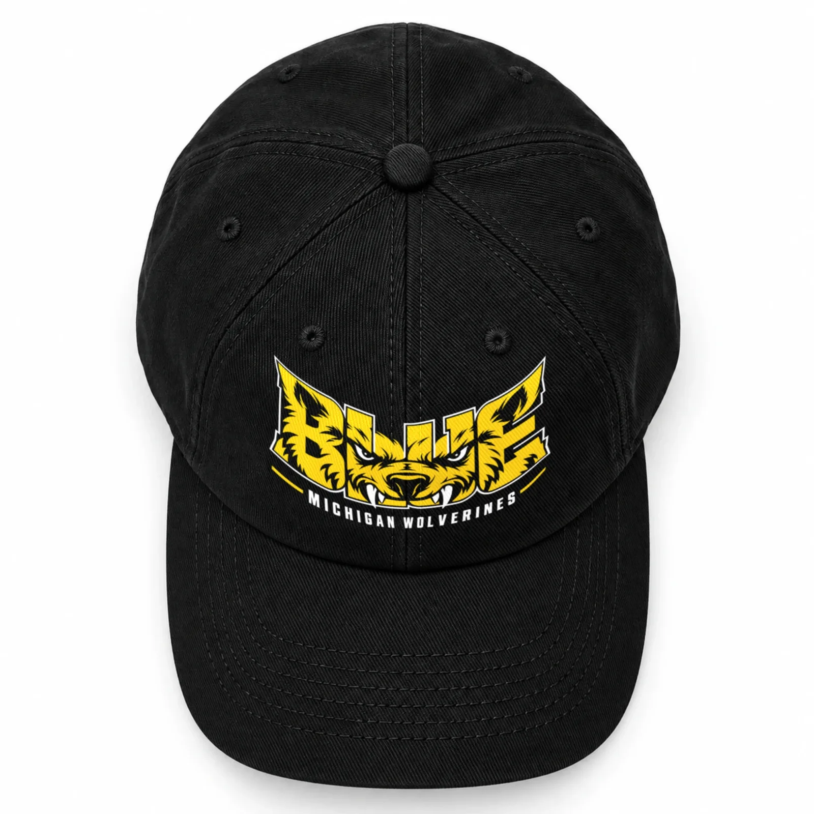 Michigan Wolverines Baseball Cap Black 100% Cotton with BLUE Wolverine DTF Print