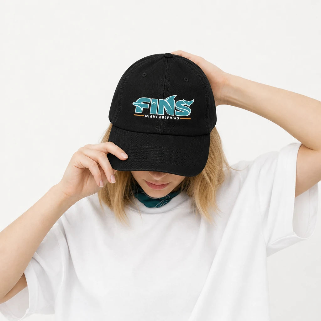 Miami Dolphins Dad Hat, Fins Black Washed Cotton Adjustable Low Profile Cap