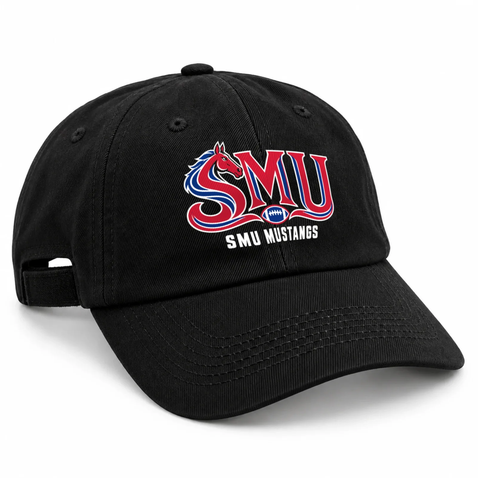 SMU Mustangs Baseball Cap Flat Print Black Adjustable Mustang Football Hat