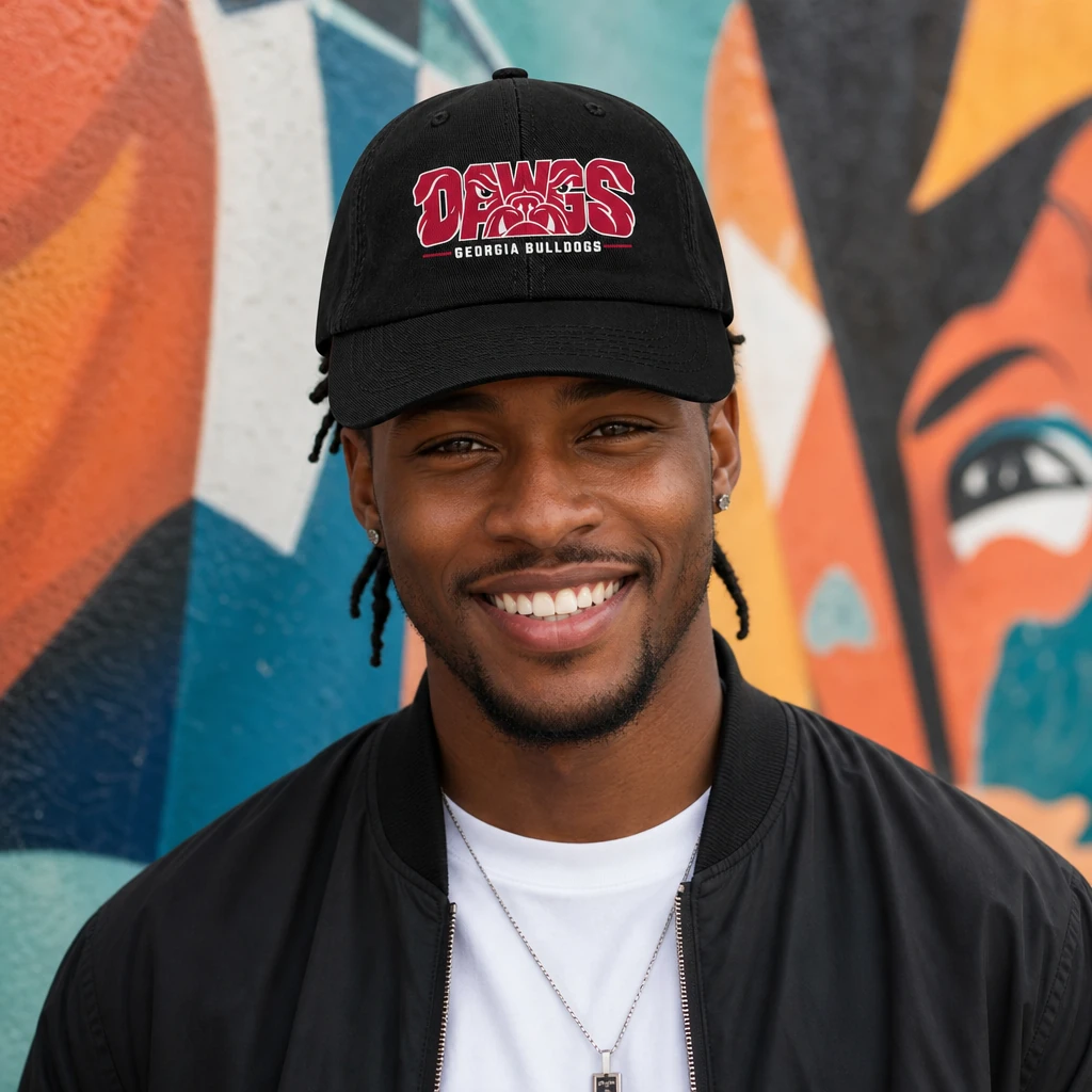 Georgia Bulldogs Dad Hat, Black Washed Cotton Dawgs Print Adjustable Cap