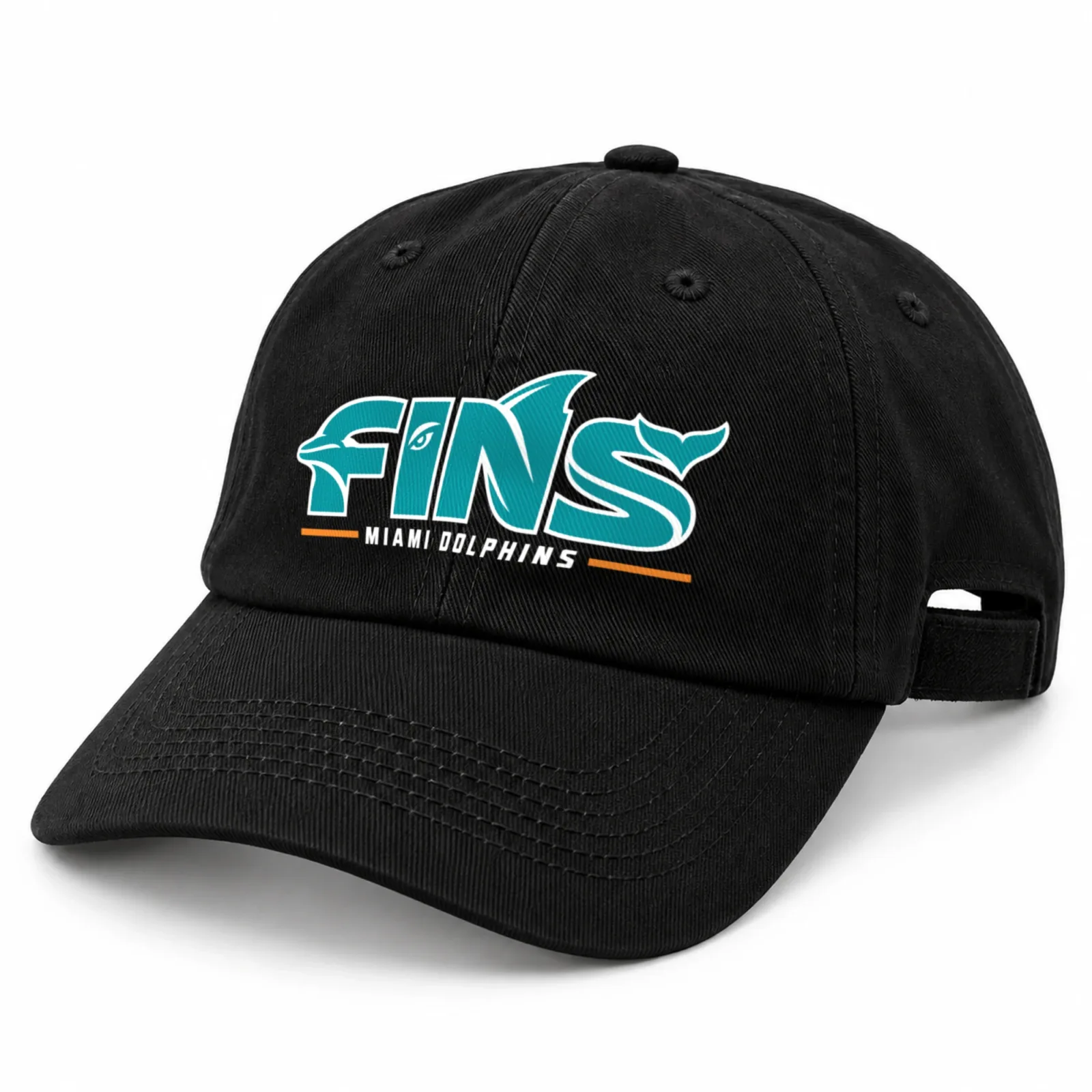 Miami Dolphins Dad Hat, Fins Black Washed Cotton Adjustable Low Profile Cap