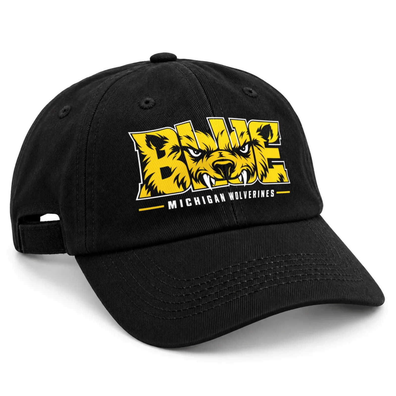 Michigan Wolverines Baseball Cap Black 100% Cotton with BLUE Wolverine DTF Print