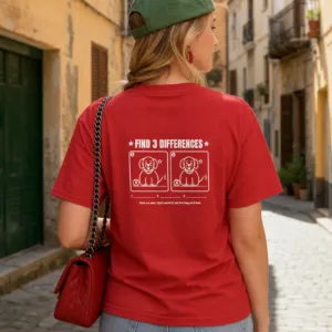 Find 3 Differences T-Shirt, Funny Spot the Difference Puppy Puzzle Back Print Tee - Red
