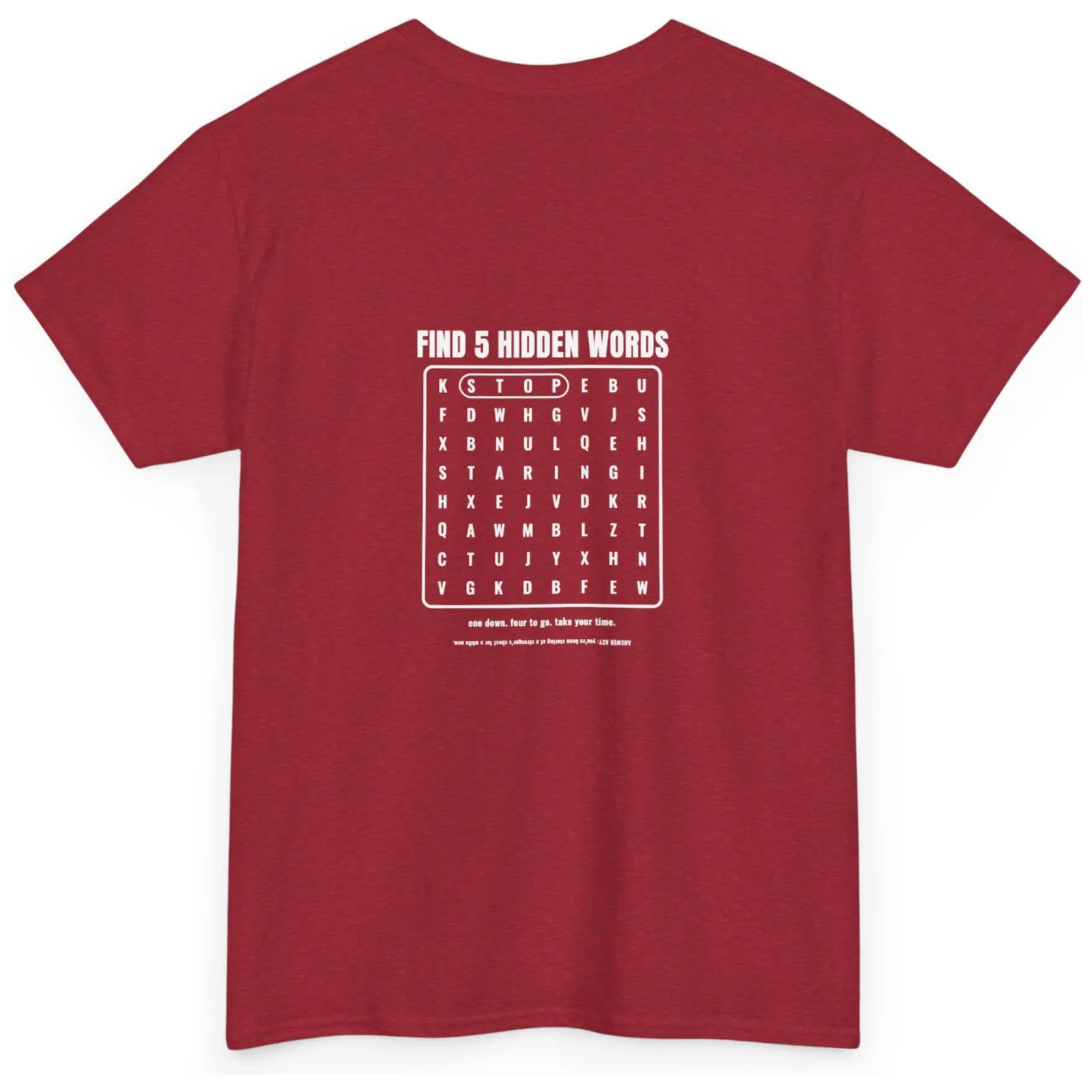 Word Search Puzzle T-Shirt, Funny Find 5 Hidden Words Back Print Graphic Tee - Crimson