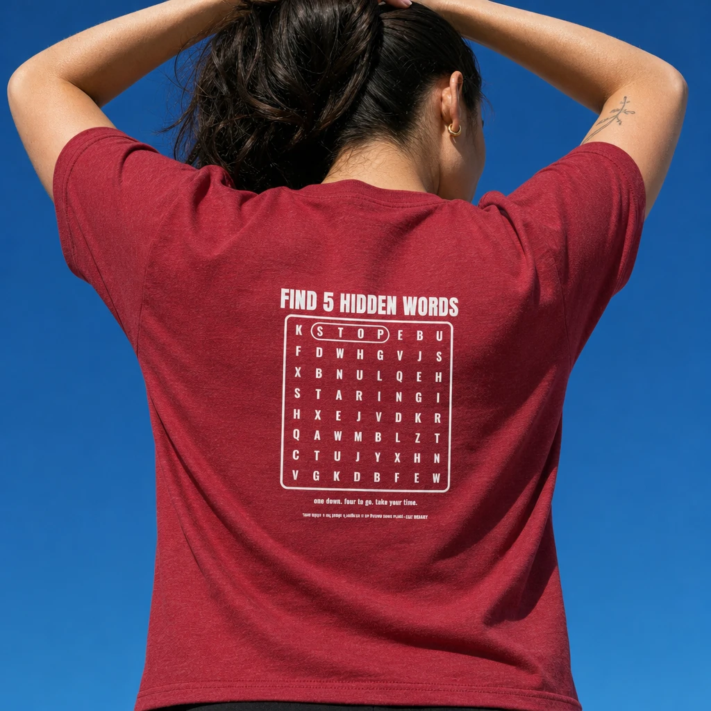 Word Search Puzzle T-Shirt, Funny Find 5 Hidden Words Back Print Graphic Tee - Crimson
