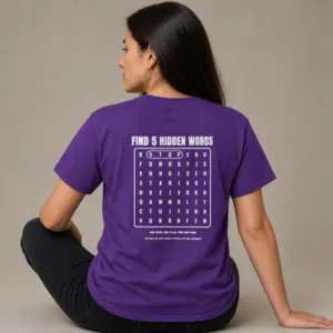 Word Search Puzzle T-Shirt, Funny Find 5 Hidden Words Back Print Graphic Tee - Purple