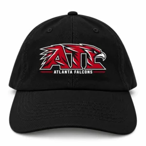Atlanta Falcons Dad Hat, Black Washed Cotton Cap with Red ATL Falcon Head Print