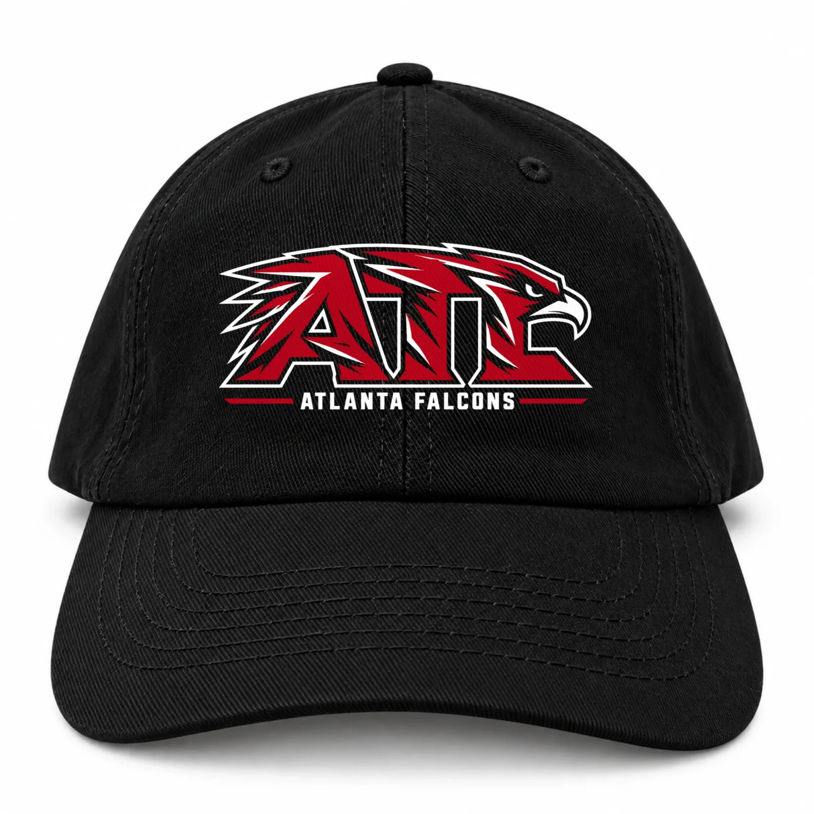 Atlanta Falcons Dad Hat, Black Washed Cotton Cap with Red ATL Falcon Head Print