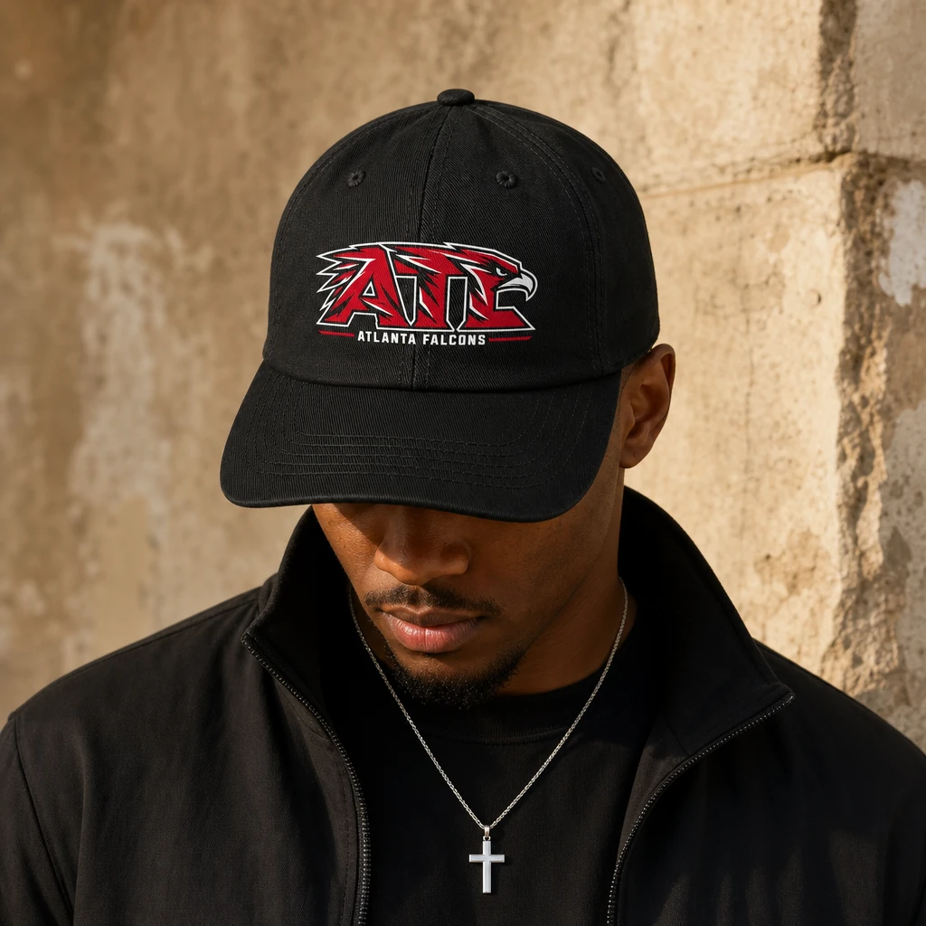 Atlanta Falcons Dad Hat, Black Washed Cotton Cap with Red ATL Falcon Head Print