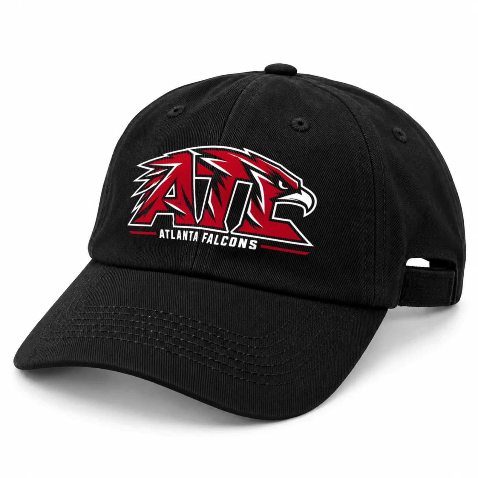 Atlanta Falcons Dad Hat, Black Washed Cotton Cap with Red ATL Falcon Head Print