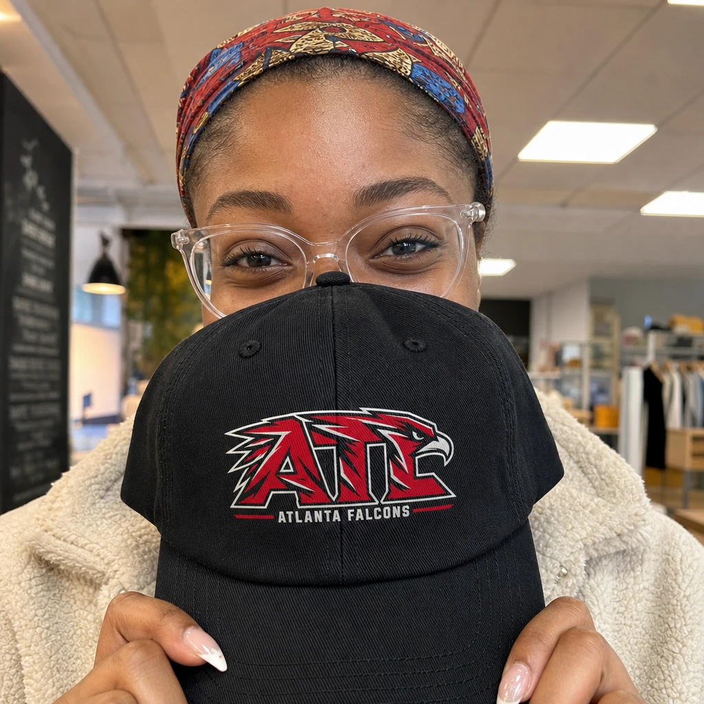 Atlanta Falcons Dad Hat, Black Washed Cotton Cap with Red ATL Falcon Head Print