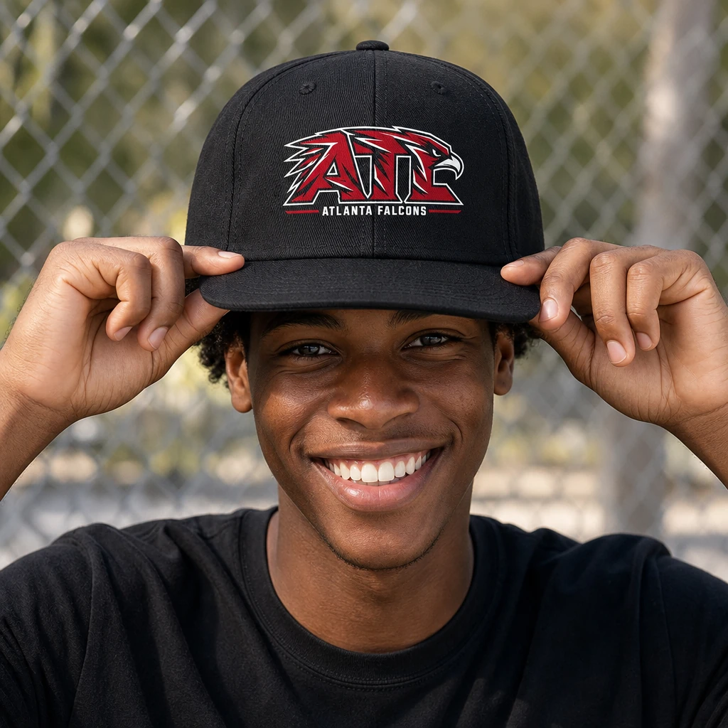 Atlanta Falcons Dad Hat, Black Washed Cotton Cap with Red ATL Falcon Head Print