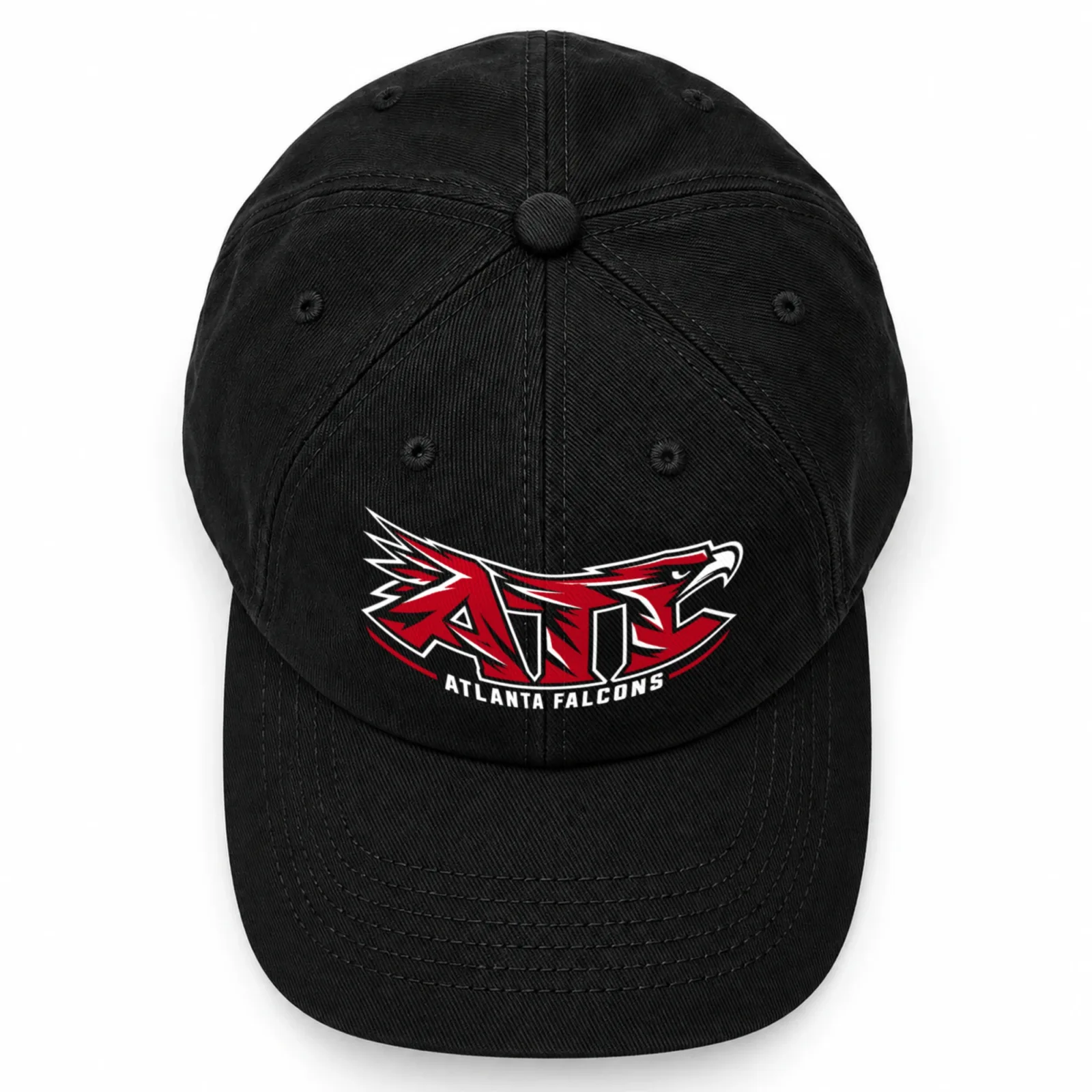 Atlanta Falcons Dad Hat, Black Washed Cotton Cap with Red ATL Falcon Head Print