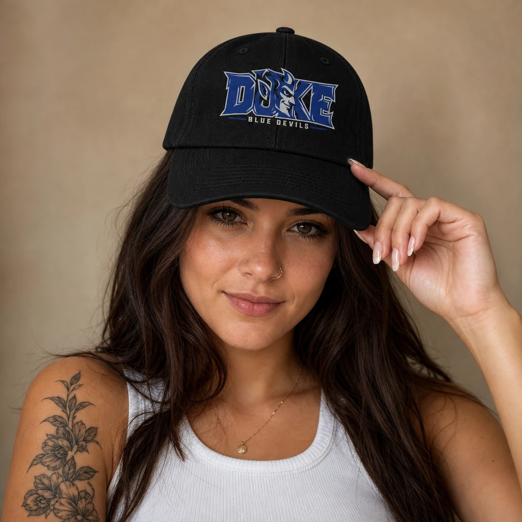 Duke Blue Devils Cap Black 100% Cotton Baseball Hat with Direct DTF Graphic Print