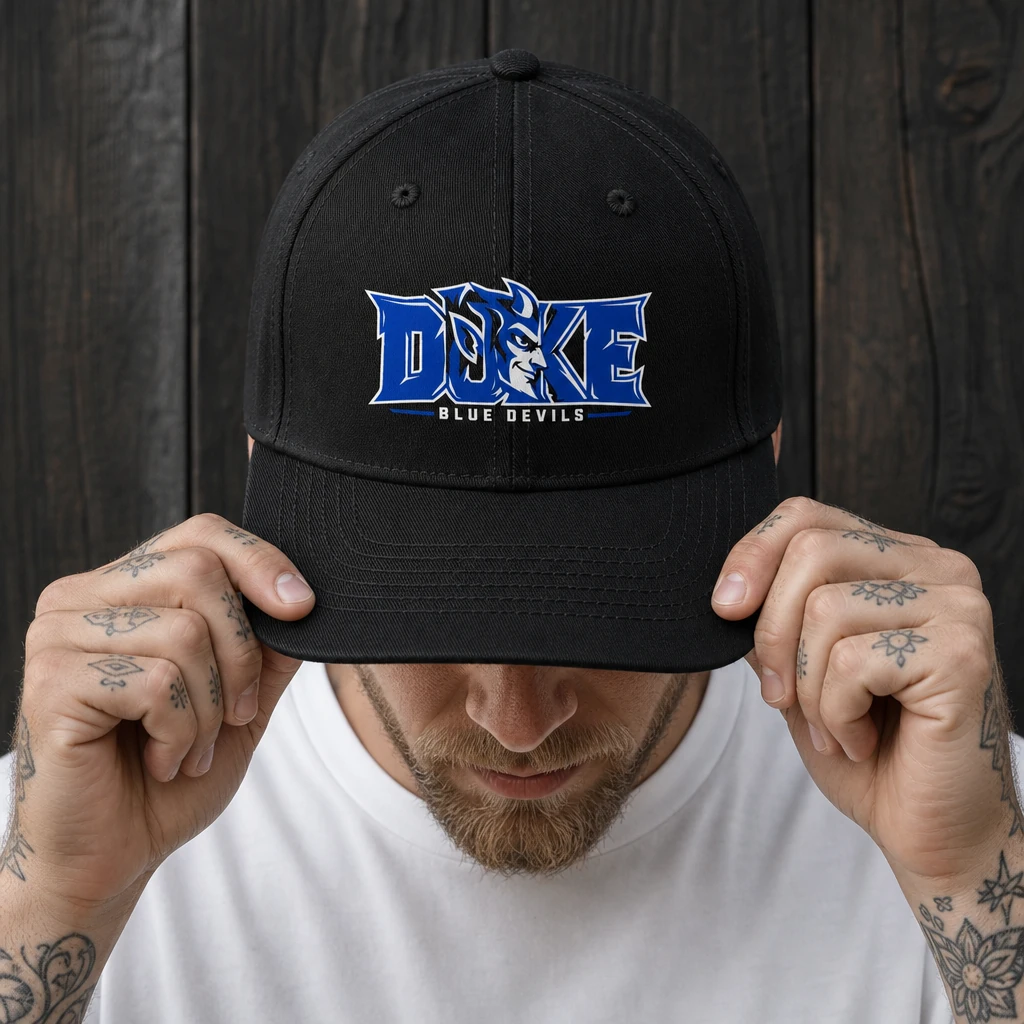 Duke Blue Devils Cap Black 100% Cotton Baseball Hat with Direct DTF Graphic Print