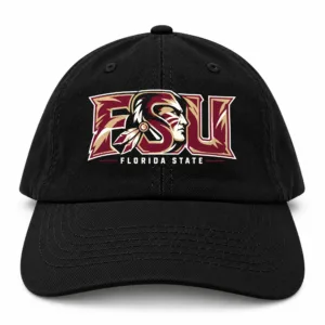 Florida State Seminoles Dad Hat, Black Washed Cotton Cap with Garnet and Gold FSU Print