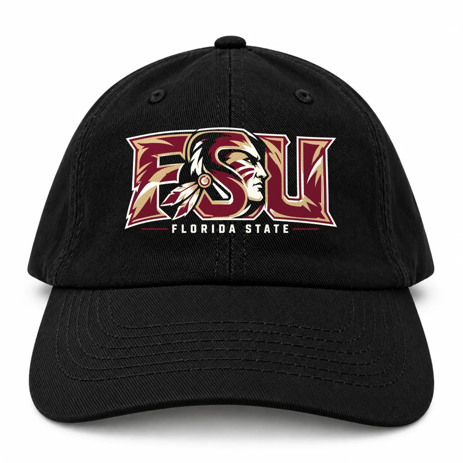 Florida State Seminoles Dad Hat, Black Washed Cotton Cap with Garnet and Gold FSU Print