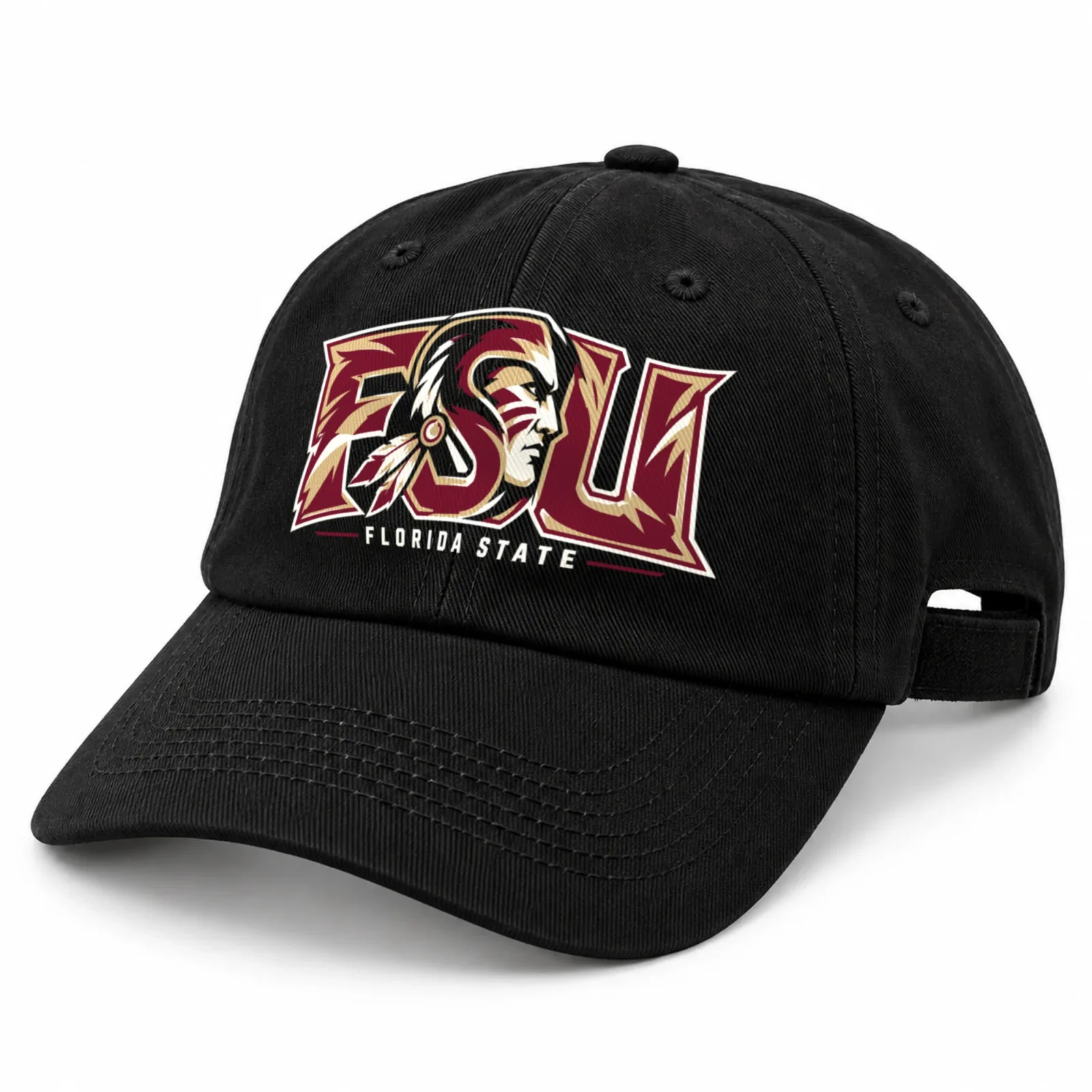 Florida State Seminoles Dad Hat, Black Washed Cotton Cap with Garnet and Gold FSU Print