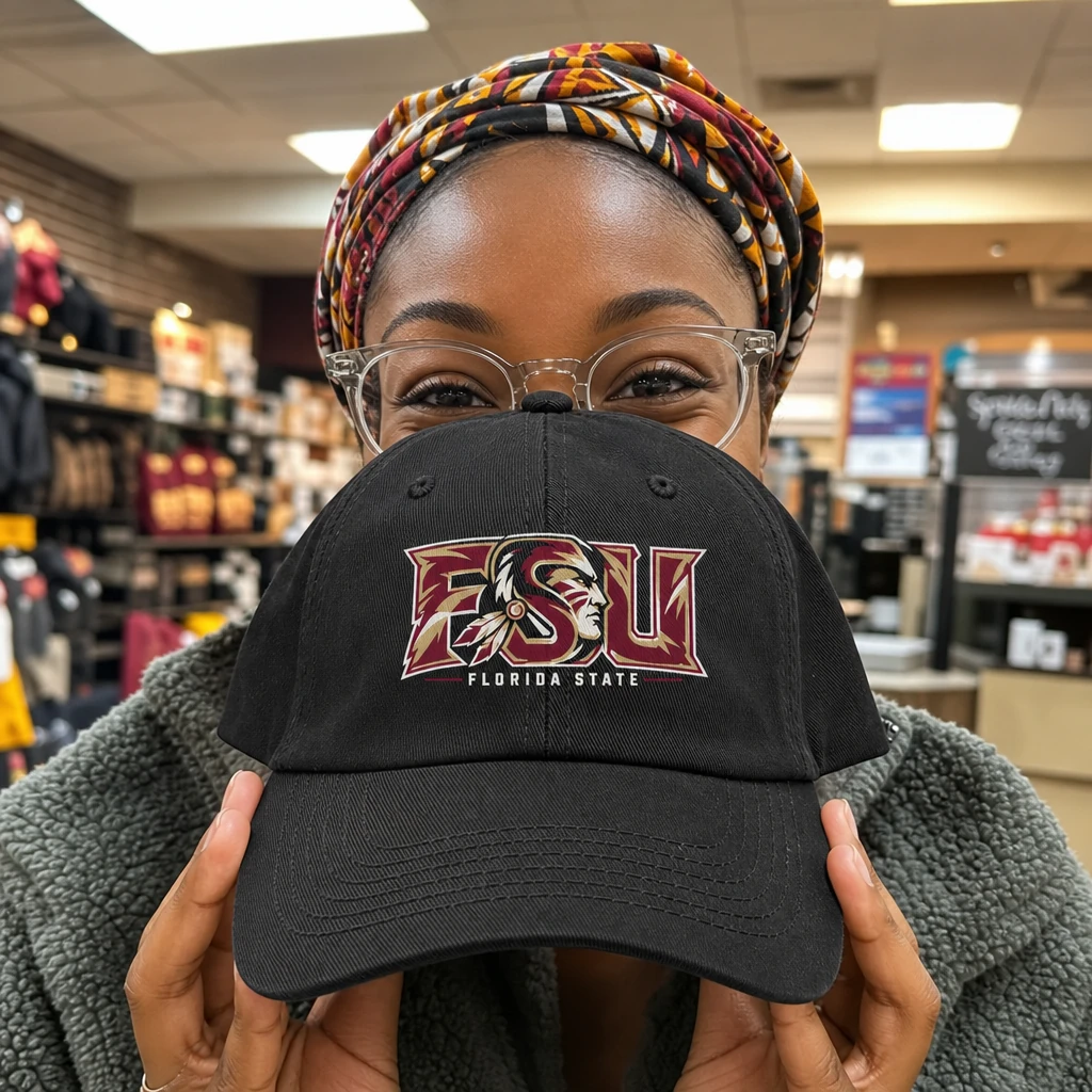 Florida State Seminoles Dad Hat, Black Washed Cotton Cap with Garnet and Gold FSU Print