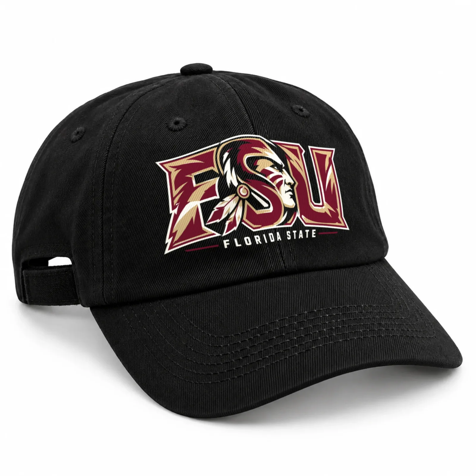 Florida State Seminoles Dad Hat, Black Washed Cotton Cap with Garnet and Gold FSU Print