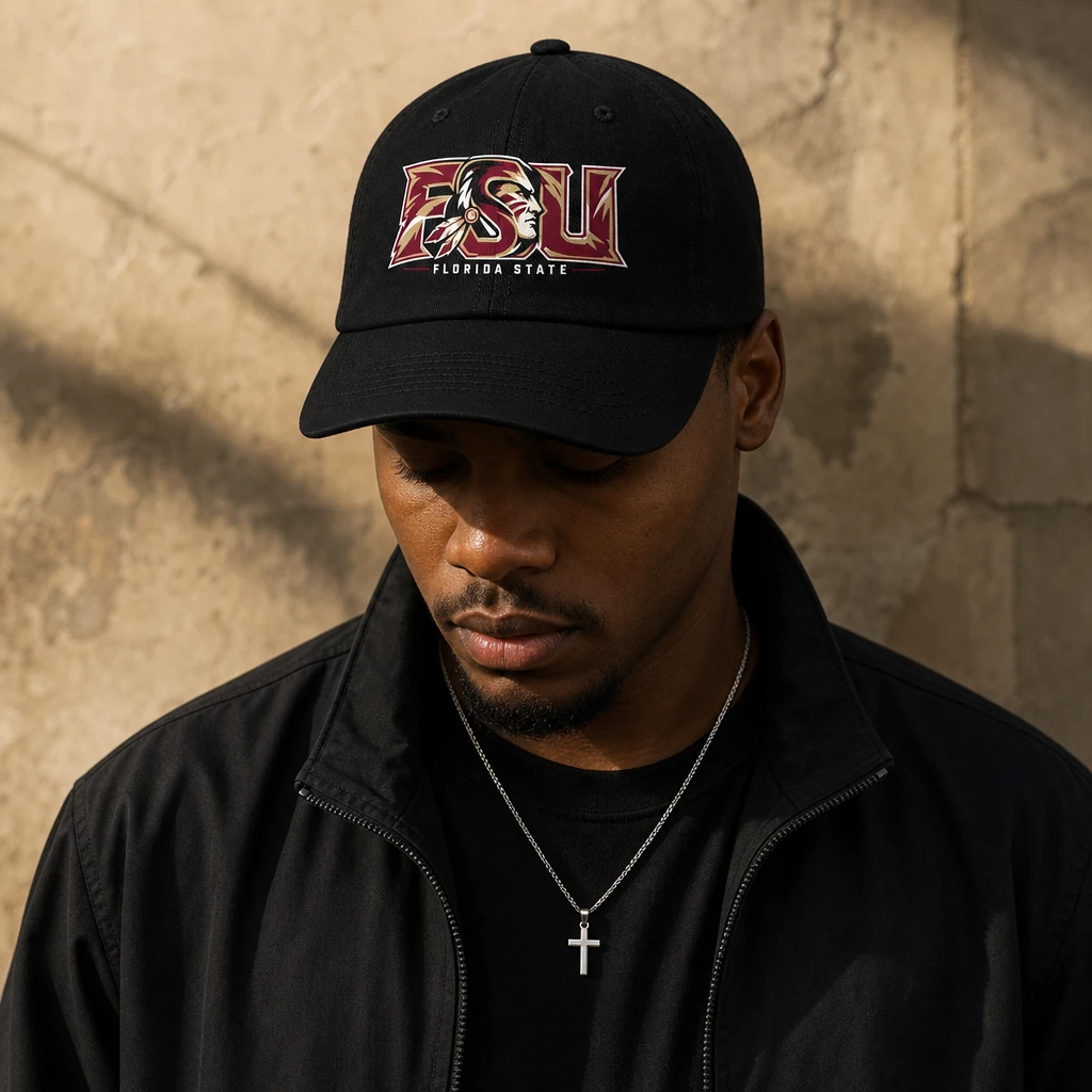 Florida State Seminoles Dad Hat, Black Washed Cotton Cap with Garnet and Gold FSU Print