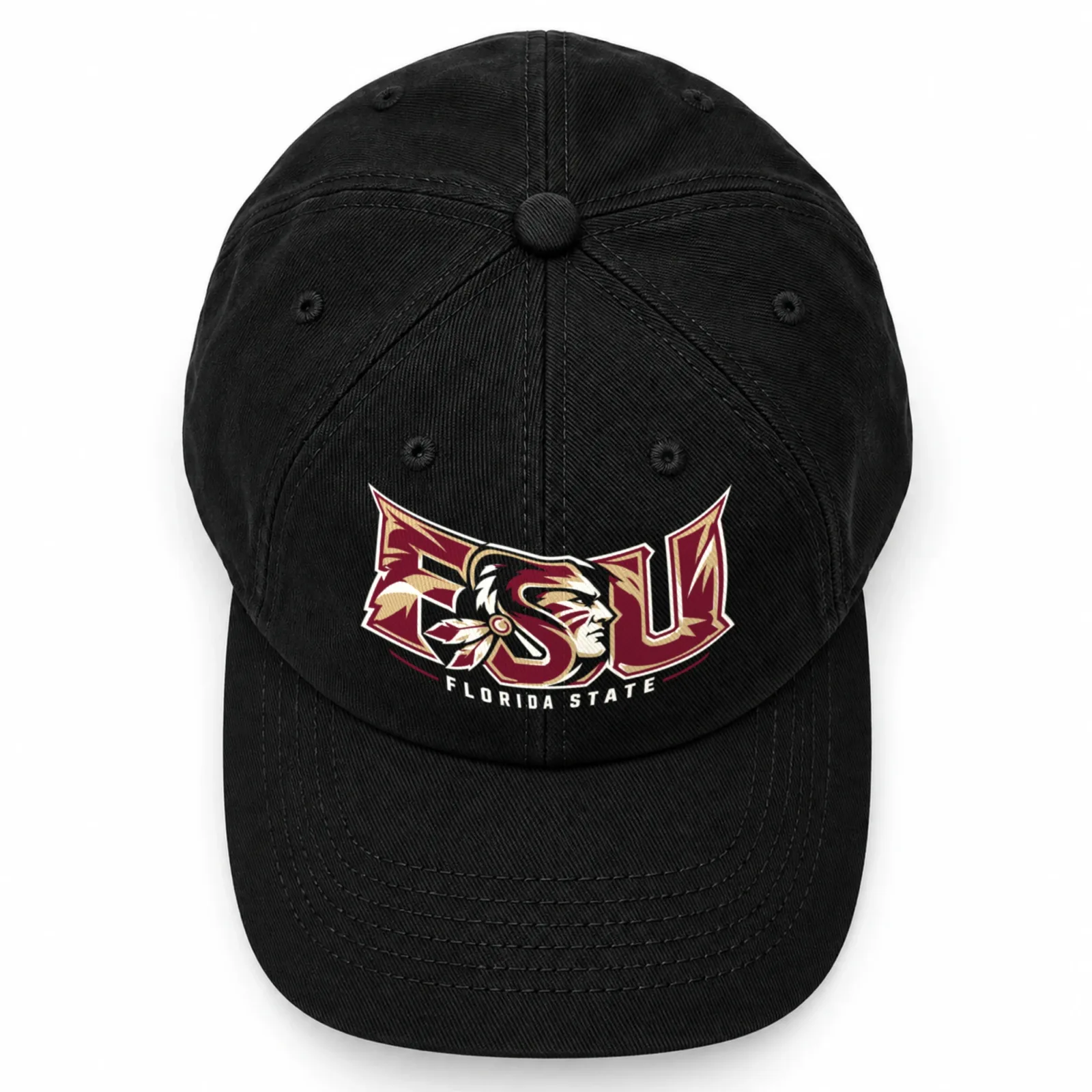 Florida State Seminoles Dad Hat, Black Washed Cotton Cap with Garnet and Gold FSU Print