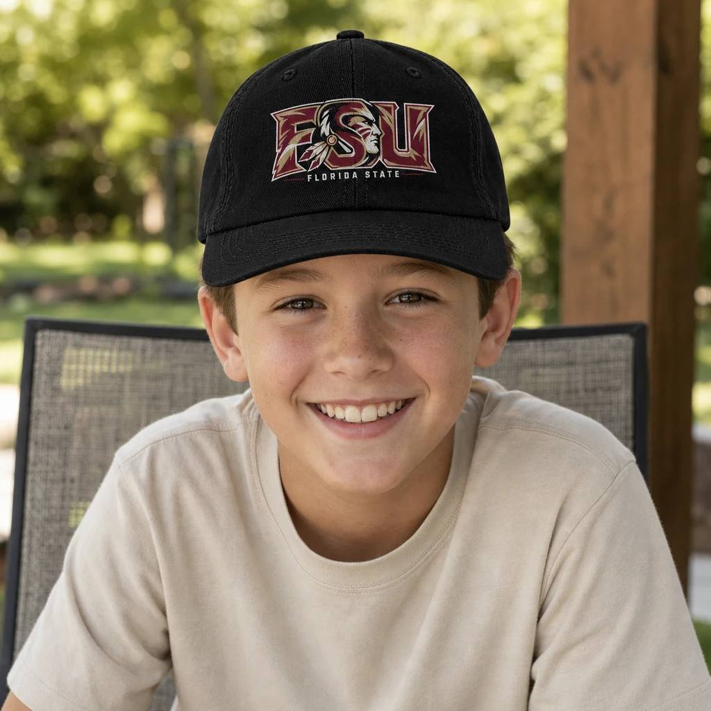 Florida State Seminoles Dad Hat, Black Washed Cotton Cap with Garnet and Gold FSU Print