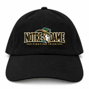 Notre Dame Fighting Irish Dad Hat, Black Washed Cotton Cap with Leprechaun Wordmark Print