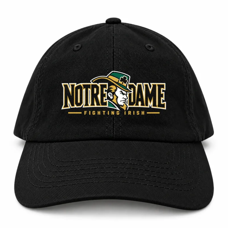 Notre Dame Fighting Irish Dad Hat, Black Washed Cotton Cap with Leprechaun Wordmark Print