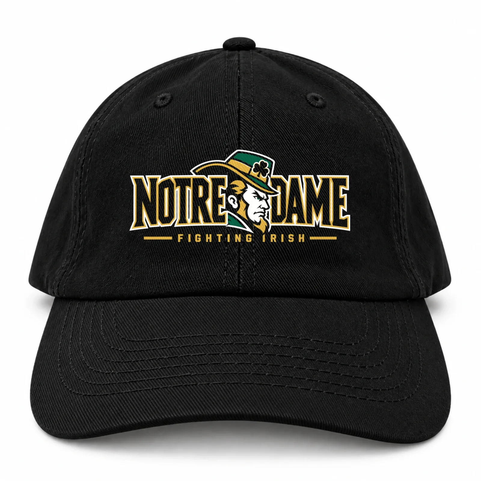 Notre Dame Fighting Irish Dad Hat, Black Washed Cotton Cap with Leprechaun Wordmark Print