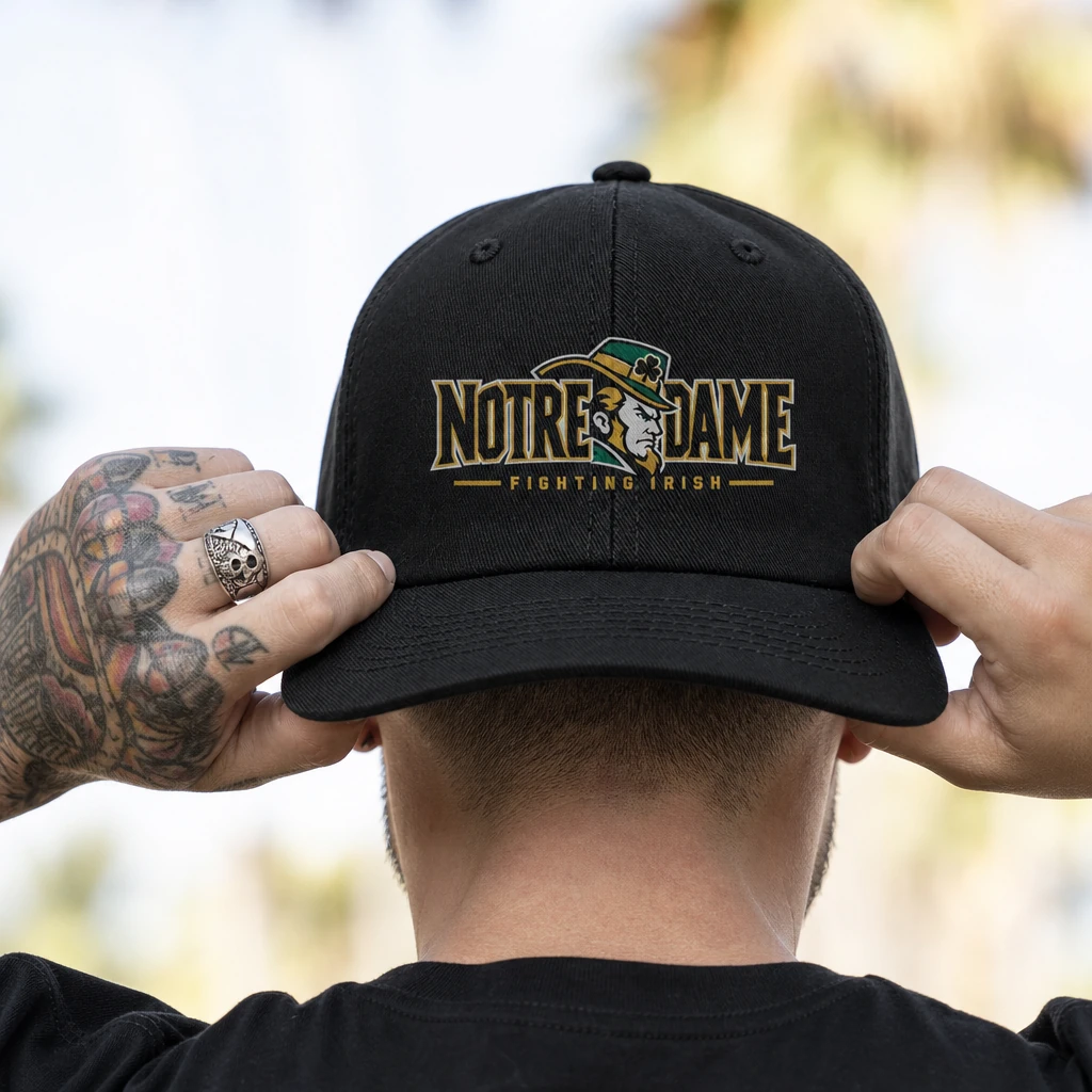 Notre Dame Fighting Irish Dad Hat, Black Washed Cotton Cap with Leprechaun Wordmark Print