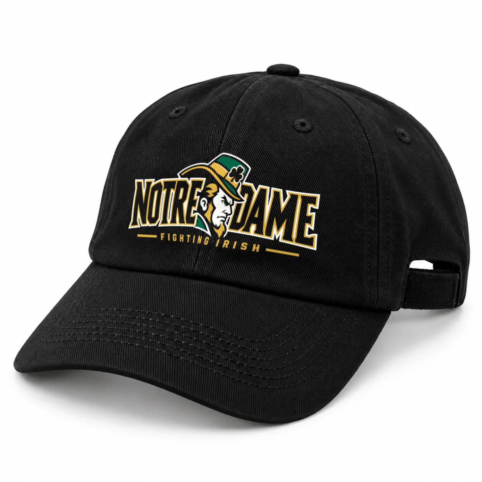 Notre Dame Fighting Irish Dad Hat, Black Washed Cotton Cap with Leprechaun Wordmark Print