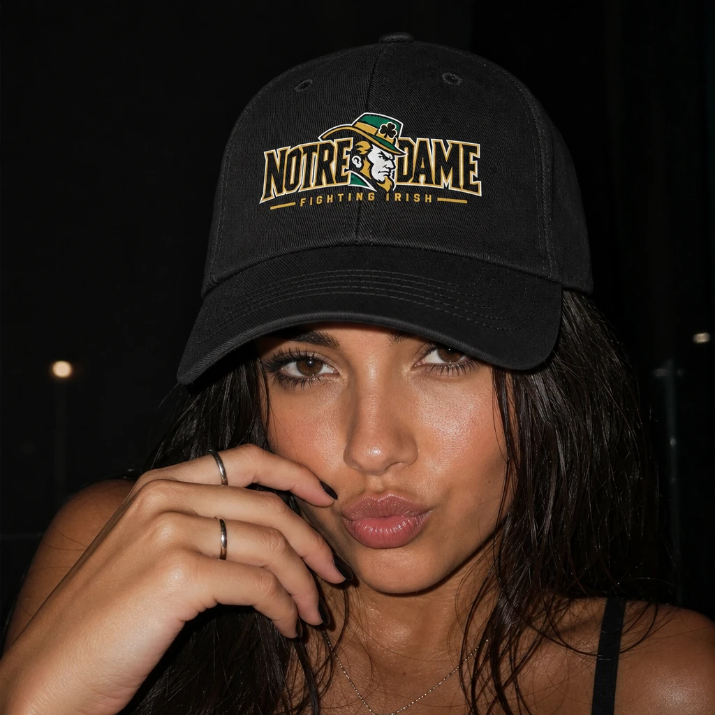Notre Dame Fighting Irish Dad Hat, Black Washed Cotton Cap with Leprechaun Wordmark Print