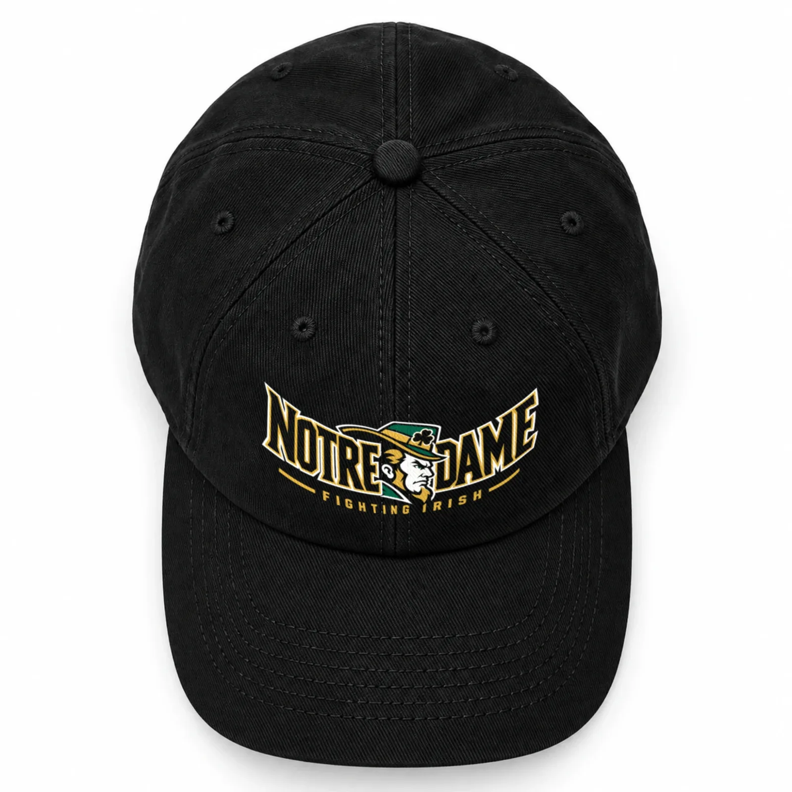 Notre Dame Fighting Irish Dad Hat, Black Washed Cotton Cap with Leprechaun Wordmark Print