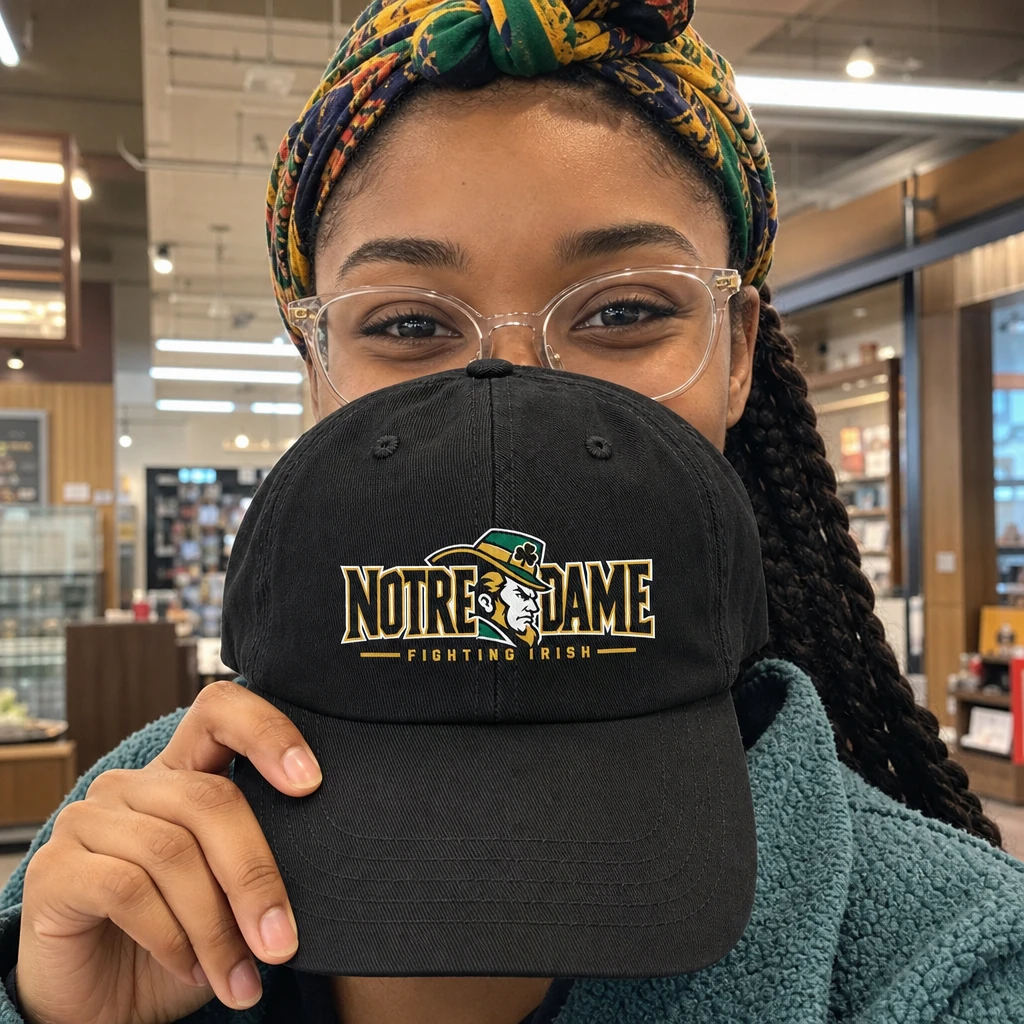 Notre Dame Fighting Irish Dad Hat, Black Washed Cotton Cap with Leprechaun Wordmark Print