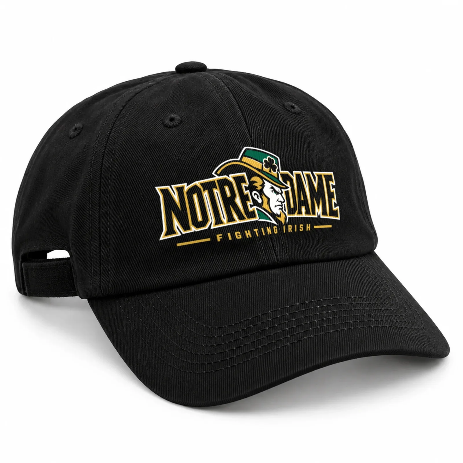 Notre Dame Fighting Irish Dad Hat, Black Washed Cotton Cap with Leprechaun Wordmark Print