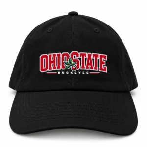 Ohio State Buckeyes Dad Hat, Black Washed Cotton Cap with Scarlet and Gray Buckeye Leaf Print