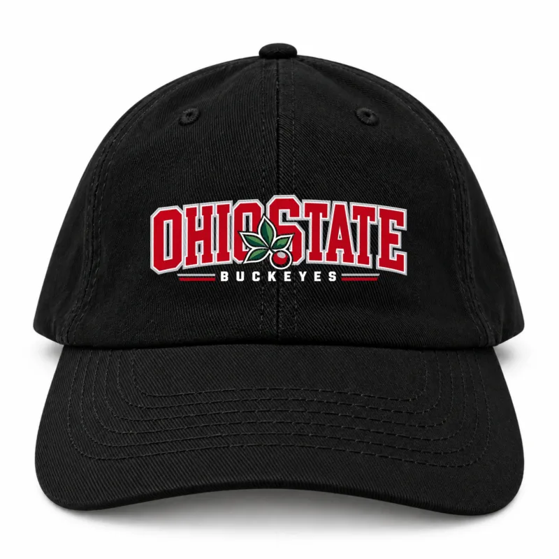 Ohio State Buckeyes Dad Hat, Black Washed Cotton Cap with Scarlet and Gray Buckeye Leaf Print