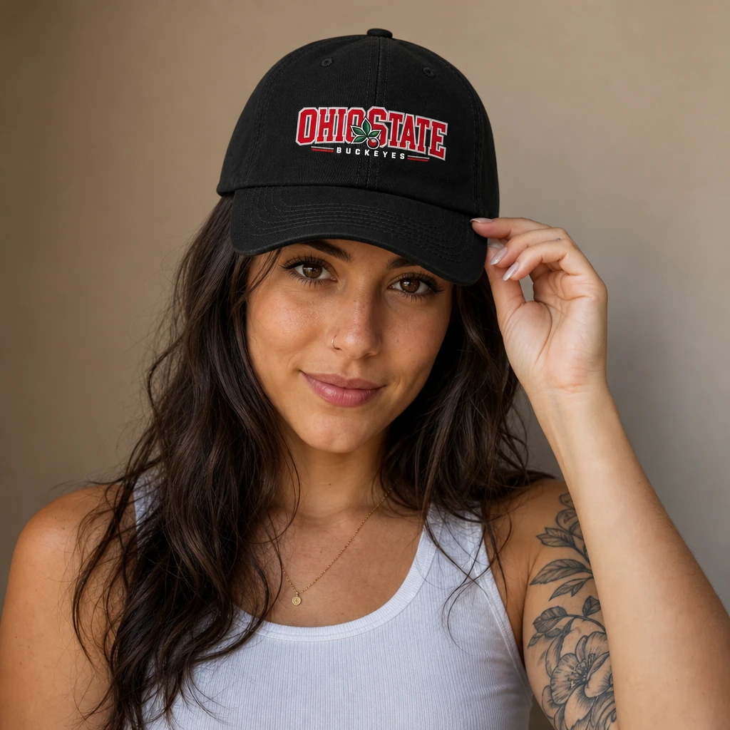 Ohio State Buckeyes Dad Hat, Black Washed Cotton Cap with Scarlet and Gray Buckeye Leaf Print