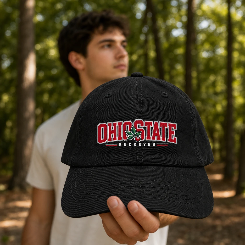 Ohio State Buckeyes Dad Hat, Black Washed Cotton Cap with Scarlet and Gray Buckeye Leaf Print
