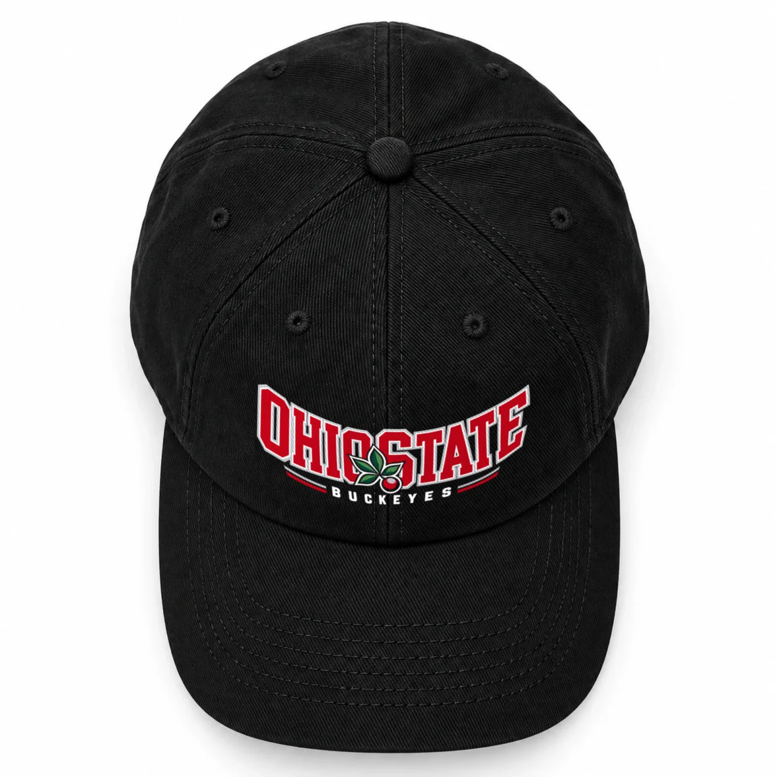 Ohio State Buckeyes Dad Hat, Black Washed Cotton Cap with Scarlet and Gray Buckeye Leaf Print