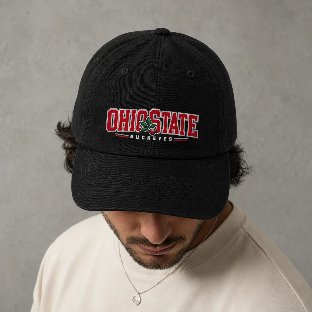 Ohio State Buckeyes Dad Hat, Black Washed Cotton Cap with Scarlet and Gray Buckeye Leaf Print