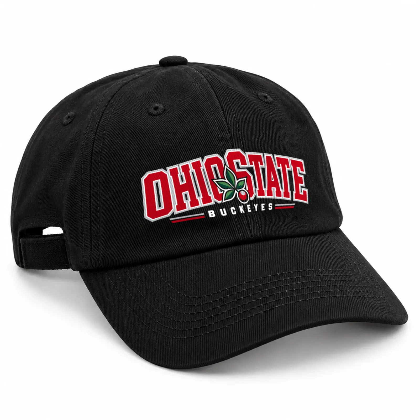 Ohio State Buckeyes Dad Hat, Black Washed Cotton Cap with Scarlet and Gray Buckeye Leaf Print
